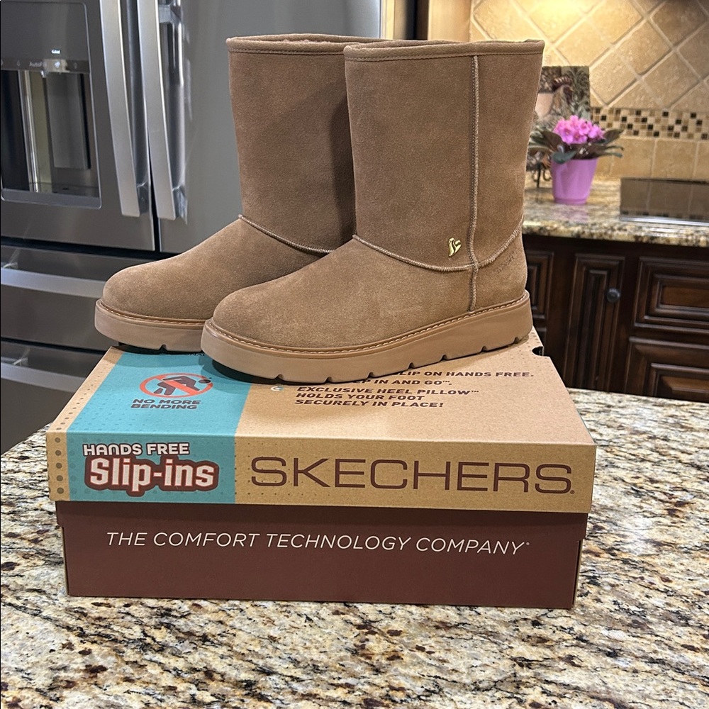 Skechers Slip Ins Tan Suede Boots with Heart Detail